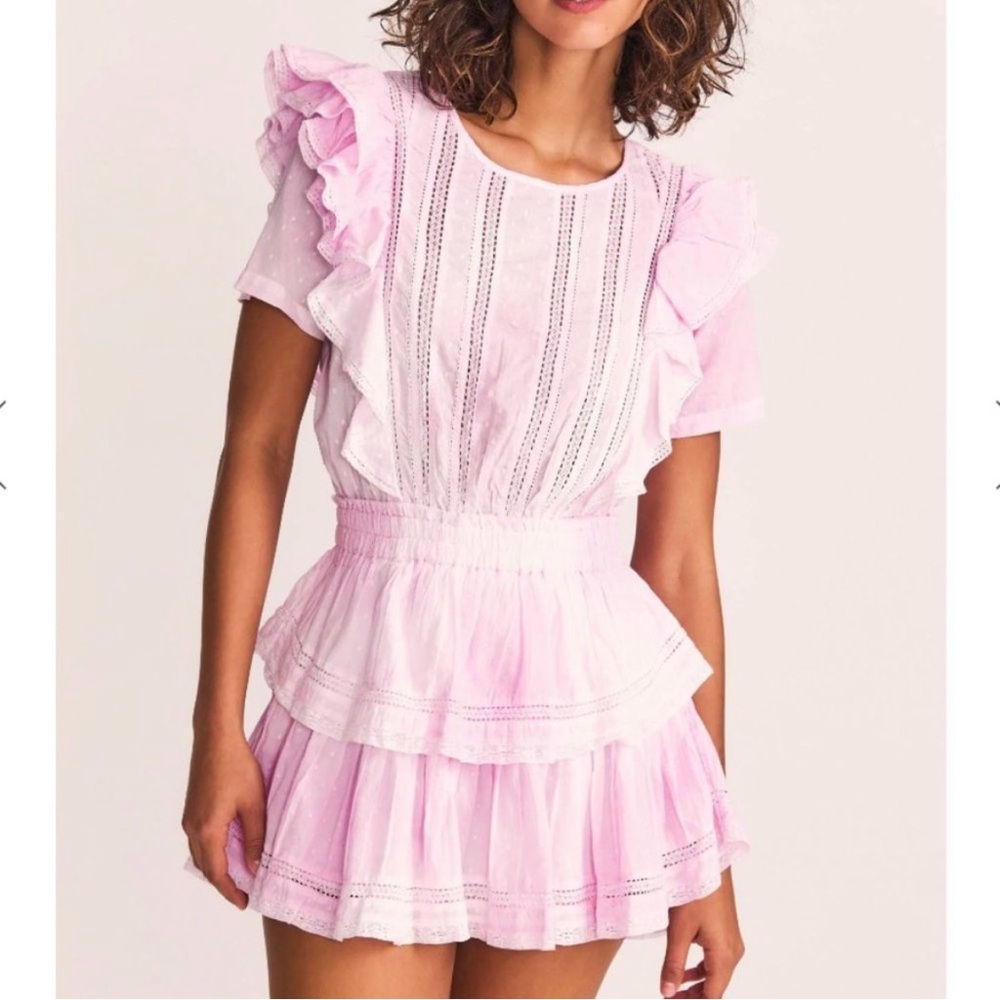 LoveShackFancy Natasha Pink Tie Dye Printed Ruffle Mini Dress Island Pink Medium
